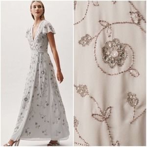 New BHLDN Sequined Beaded Maxi Wrap Dress Lilght Gray Large